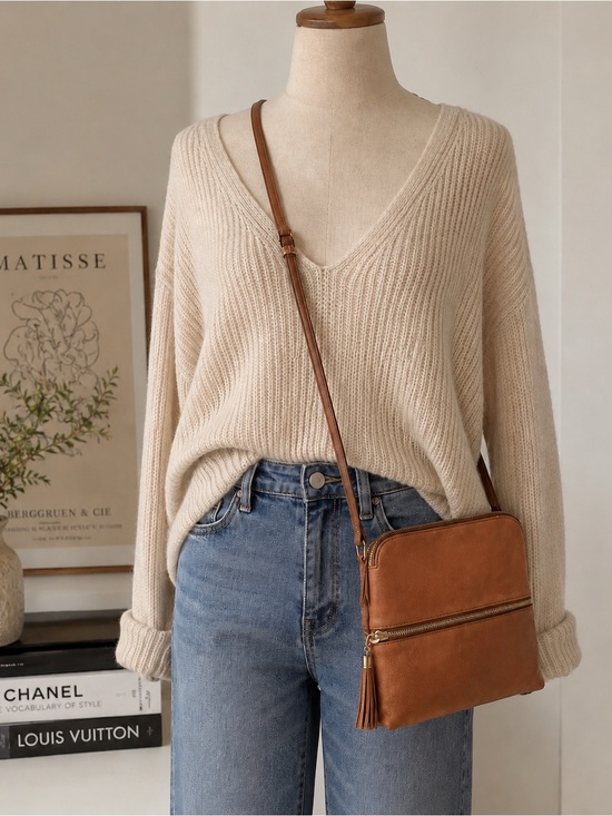 Handbags - Cognac Crossbody Purse Tassel Detail Vegan Leather Bag